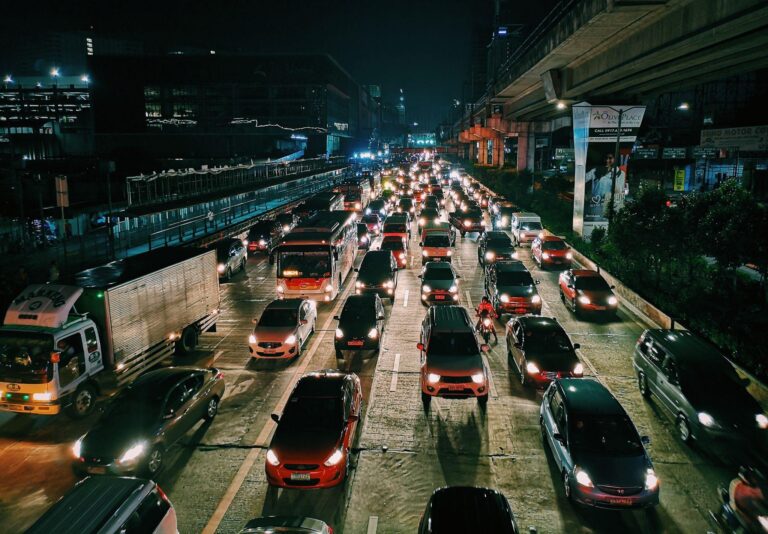 Traffic jam in the city during the evening
